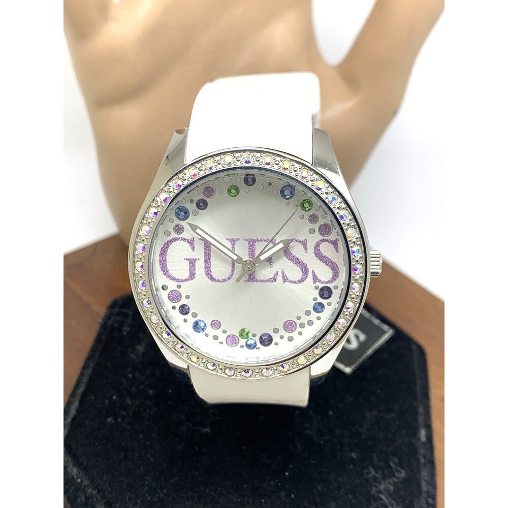 Guess Women's Watch GW0393L1 Quartz Silver Dial White Rubber Strap Gemmed 39mm